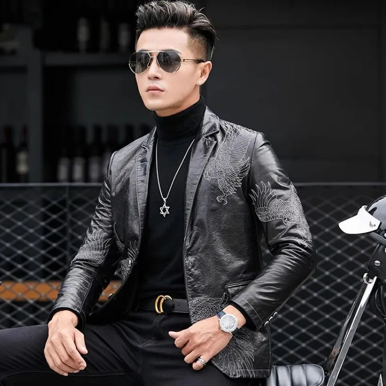 Business Men Fashion Eagle Embroidery Blazer Jacket Slim Fit Work Suit Coat Spring Autumn Natural Cowhide Genuine Leather Jacket