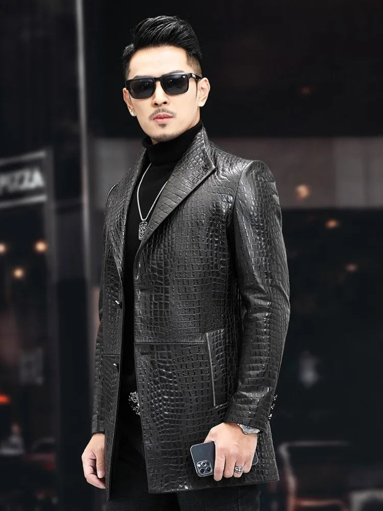 High Quality Luxury Genuine Leather Blazers Men Spring Slim Office Man Embossing Real Sheepskin Coat Suit Jacket Size Runs Small