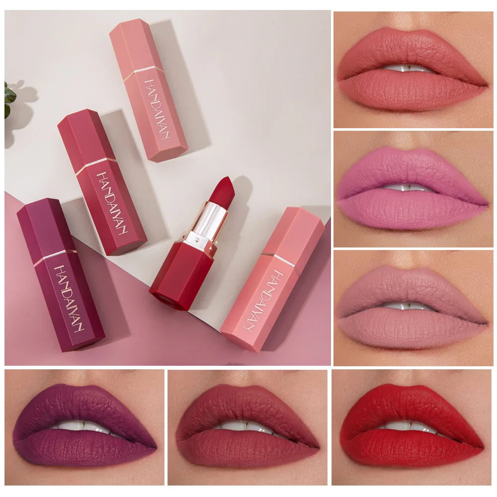 HANDAIYAN 6 Colors Matte Nude Lipstick Waterproof Long Lasting Sexy Red Purple Lip Stain Velvet Lipstick Beauty Makeup For Women