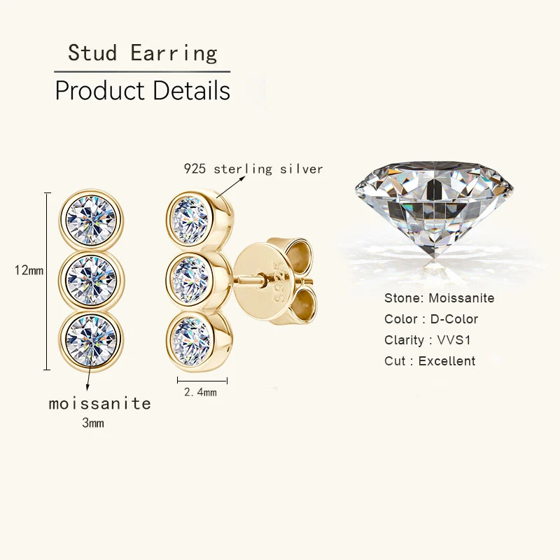 Lnngy Bezel Setting 3mm Moissanite Earrings 925 Sterling Silver Three Stone Stud Earring For Women Girls Fashion Daily Jewelry