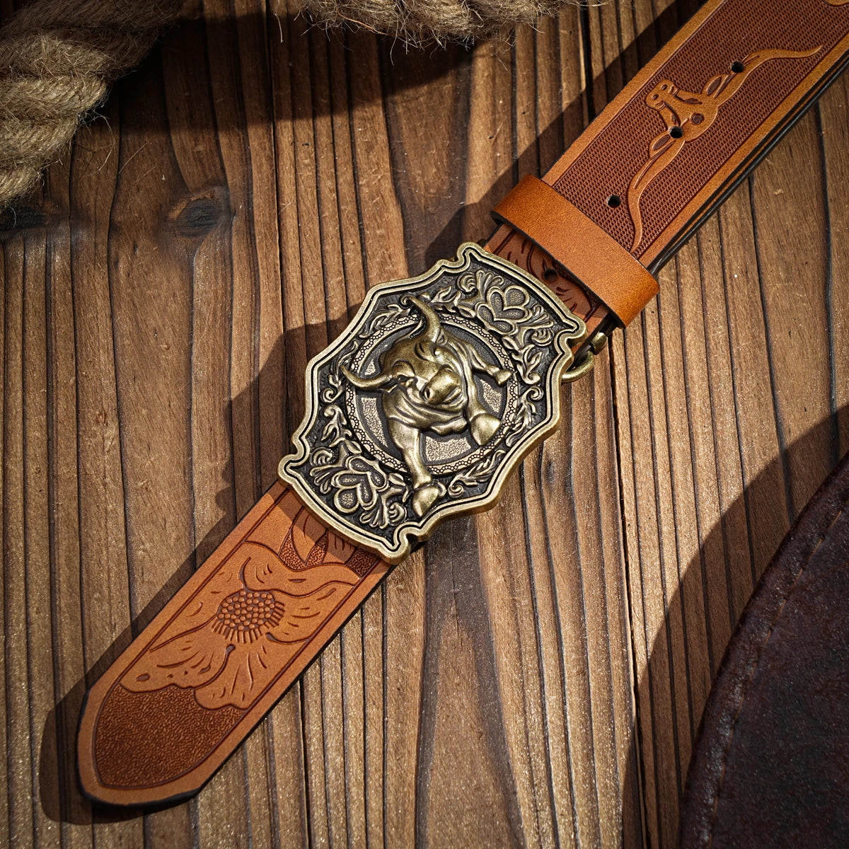 Western denim PU Belt - men's decorative printed carved denim waistband