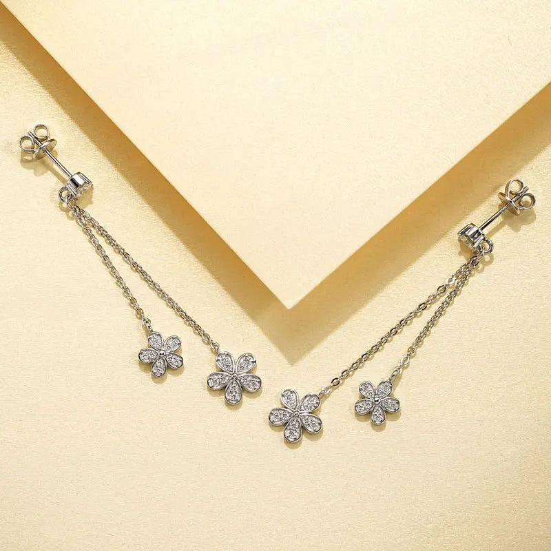Lnngy Certified D0.30CT Moissanite Flower Earring With GRA Genuine 925 Sterling Silver Tassel Earring For Women Chain Jewelry