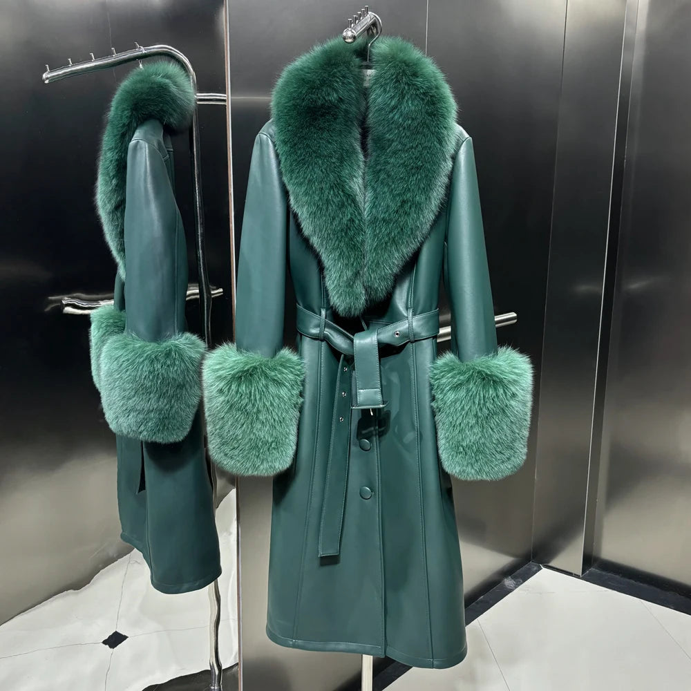 Black Leather Jacket With Fox Fur Collar Real Sheepskin Long Leather Jackets Leather Jacket Women 2025 Winter
