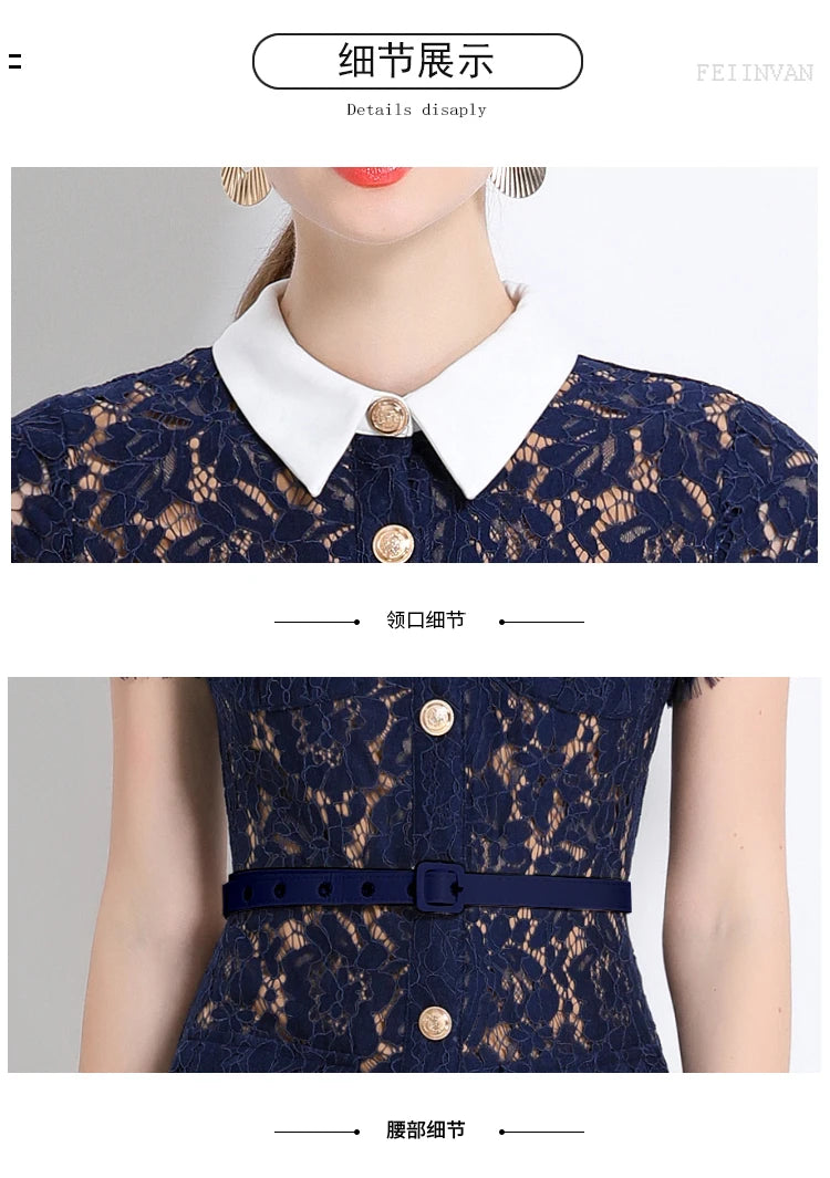 Formal Luxury Evening Long Dress Women Summer Autumn White Peter Pan Collar Hollow Out Blue Pencil Embroidery Lace Dress Party