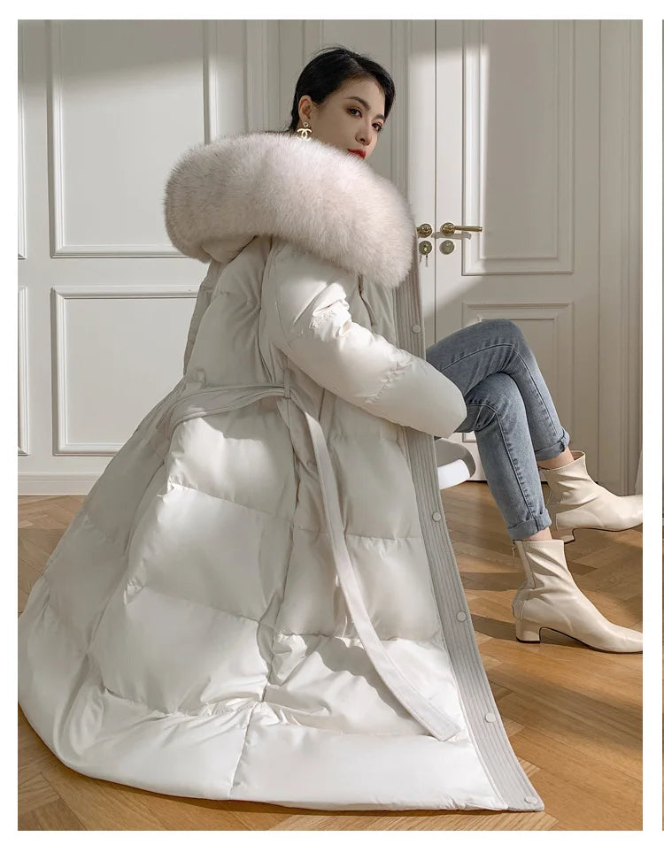 Women’s Luxury White Goose Down Coat – Hooded Long Jacket with Fox Fur Collar & Belt
