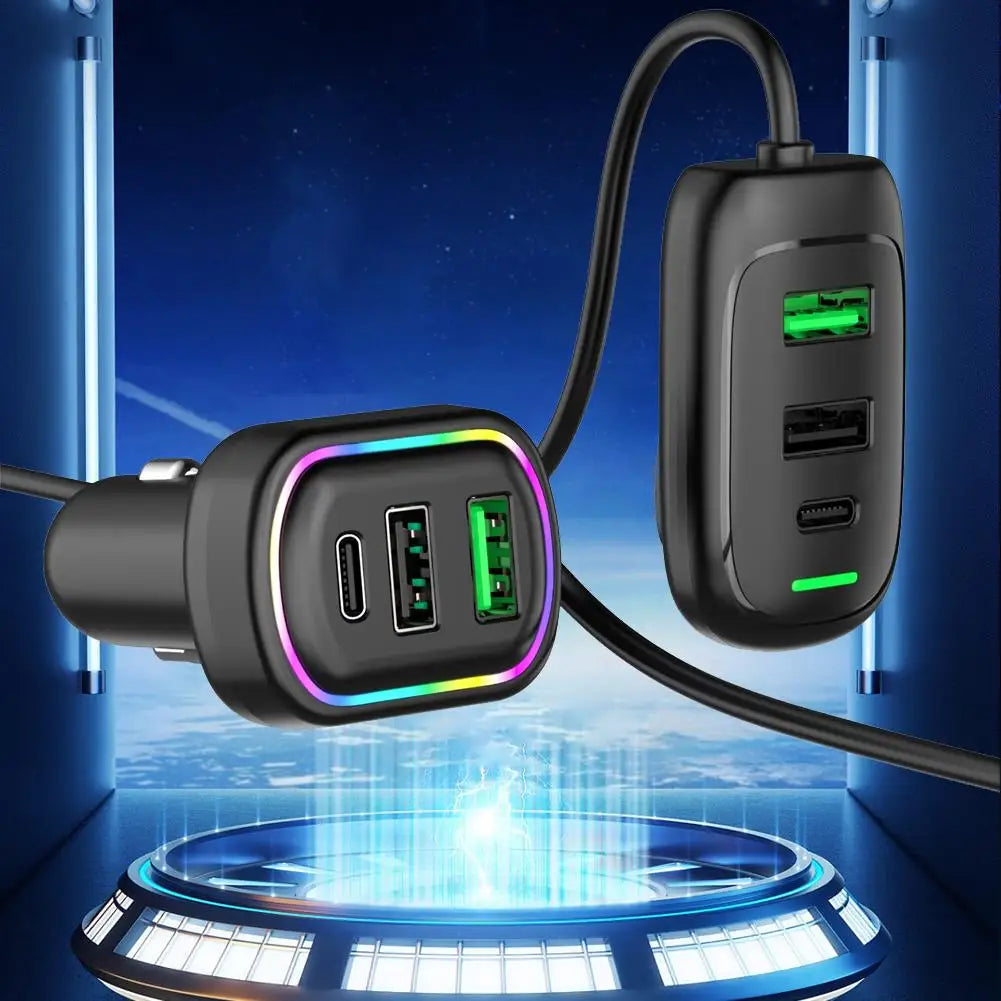 6-Ports USB Type-C Front And Rear Extension Car Charger With RGB Light PD Fast Charging Power Adapter For Iphone Tablet