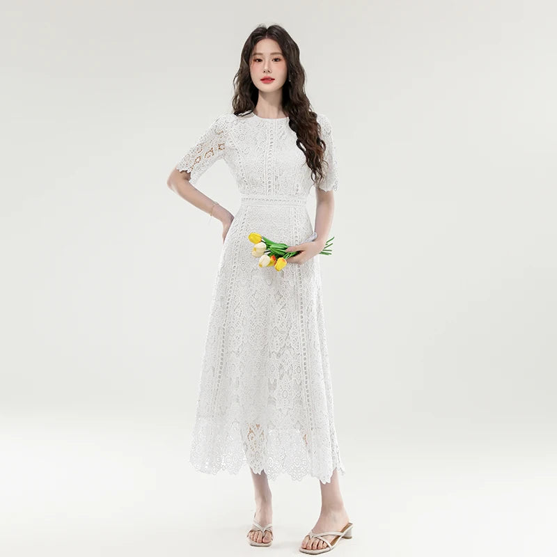 2025 New Summer French Elegant Fashion Evening Dress Women Lace Hollow Out Crochet Party Dress Casual Chic Holidays Clothing