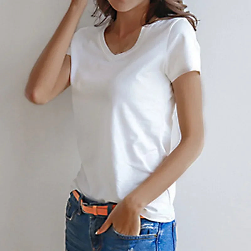 Women Short Sleeves T-shirt Bottoming Shirt Round Neck or V Neck Shirt Black White Solid Color Top Homewear T-shirt