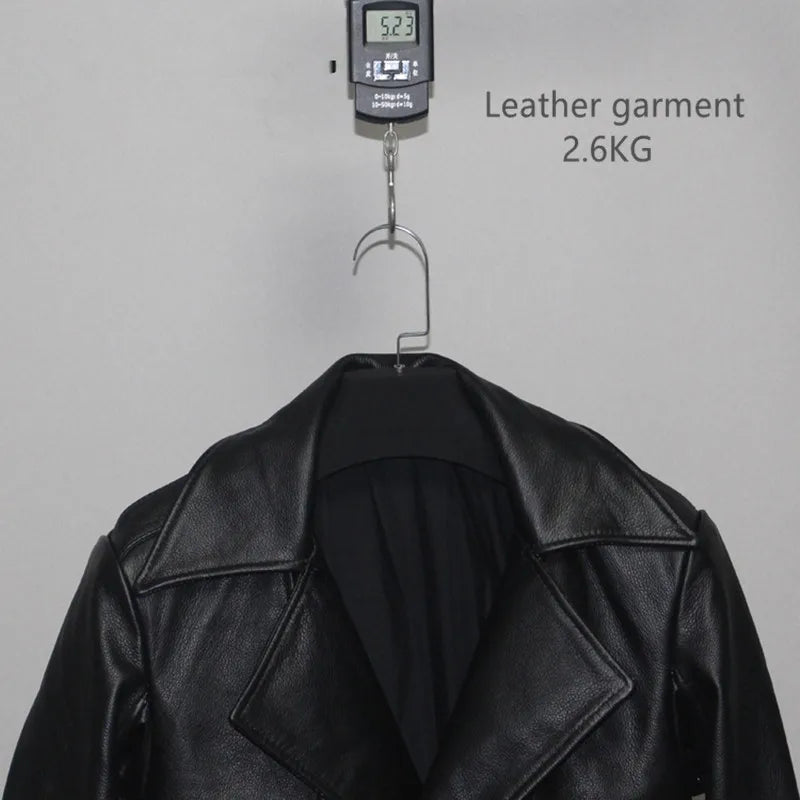 Men's Leather Trench Coat, Genuine Cowhide, Double Breasted, Extended Length Trench Long Coat Windproof Belt, Autumn Winter,6XL