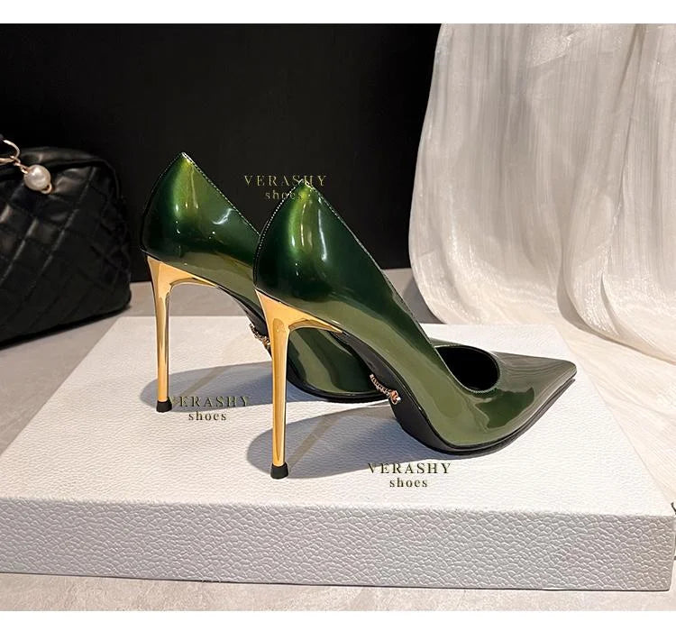 Green Shoes Quality Woman Pumps Patent Leather High Heels Sexy Party Shoes Metal Stilettos Luxury Wine red High-heeled Shoes