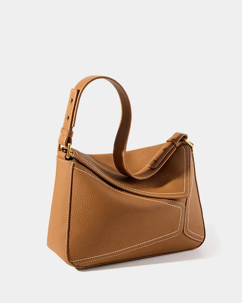 Women Genuine Leather Pillow Shoulder Bag – Geometric Design – Coffee, Khaki, Brown