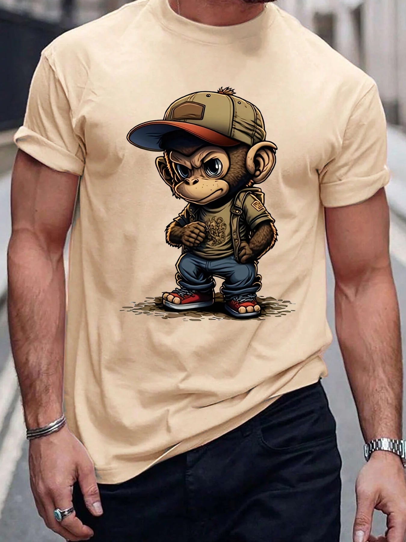 Men's summer 100% pure cotton fashionable sports casual loose cartoon monkey ready to travel 🧳 pattern printed round neck short sleeved T-shirt