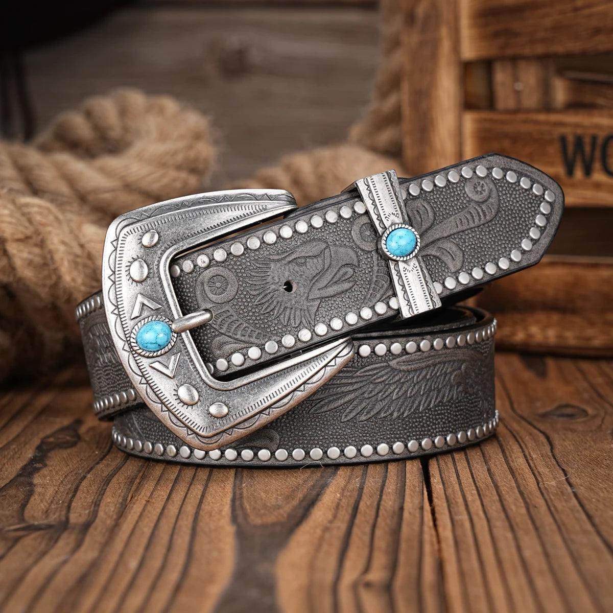 Men Women-Western-Cowboy-PU Leather-Belts - Vintage Belt Floral Engraved Buckle Belt for Jeans