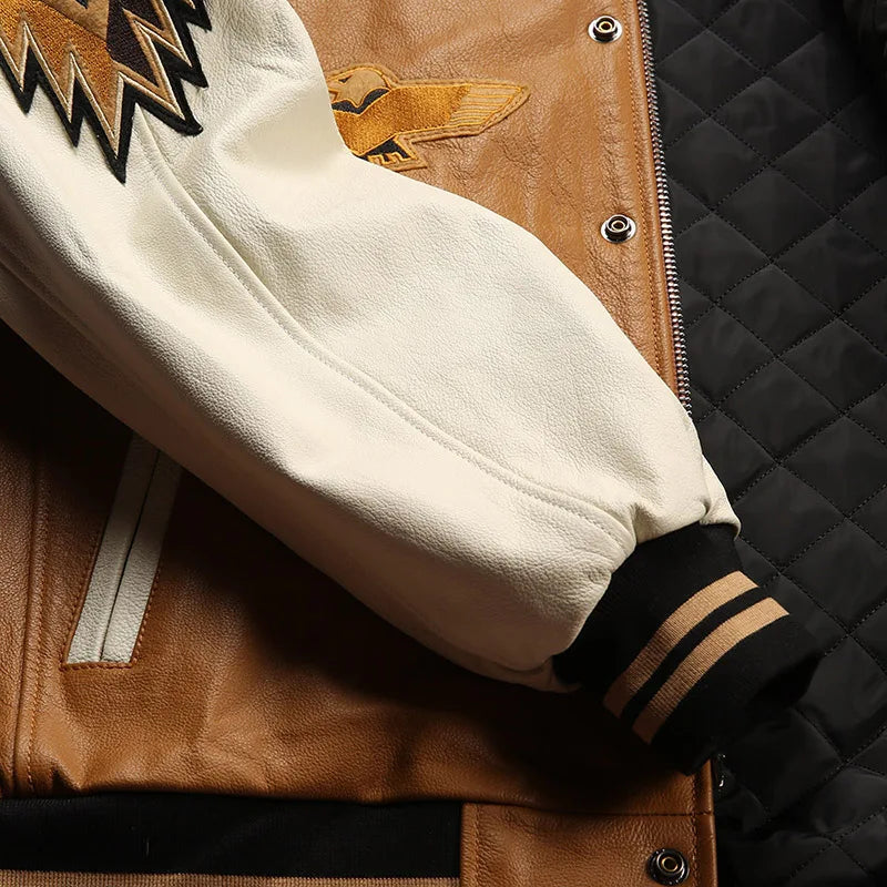 Men large size leather jacket flight suit jacket printed big chief embroidery casual sports yellow cowhide leather jackets tops