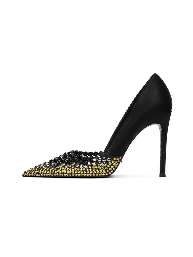 Black Rhinestone High Heels Women's New Summer Style Socialite Small Stature Thin Heels Pointed And Sexy Women's Shoes