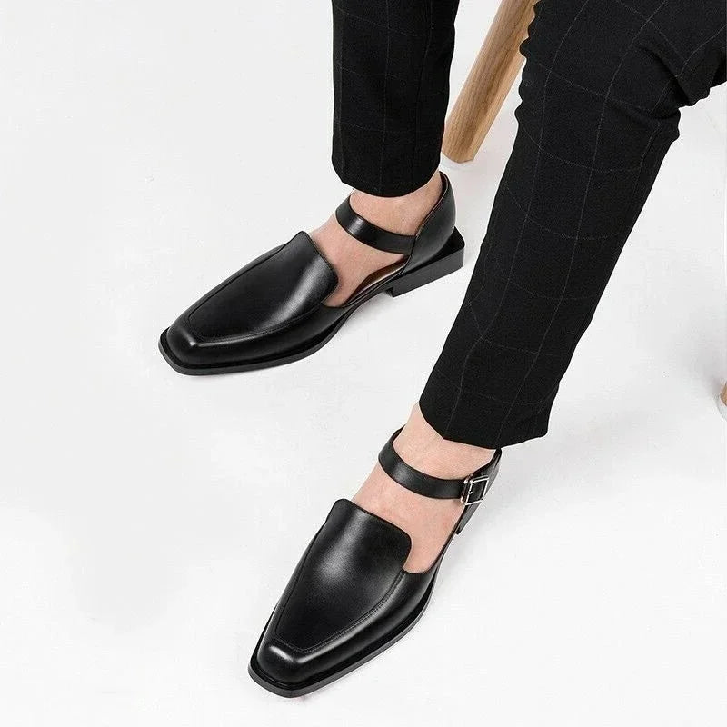 Black Men Summer Sandals – PU Leather Square-Toe Dress Shoes with Buckle Strap (EU 38–48)
