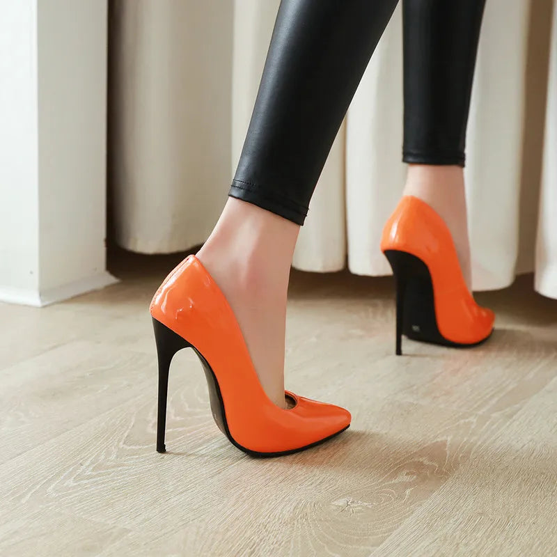 Women’s Pumps Classic Sexy Thin High Heels 12cm Patent Leather Stiletto Pointed Toe Party Elegant Office Shoes Big Size 34-48
