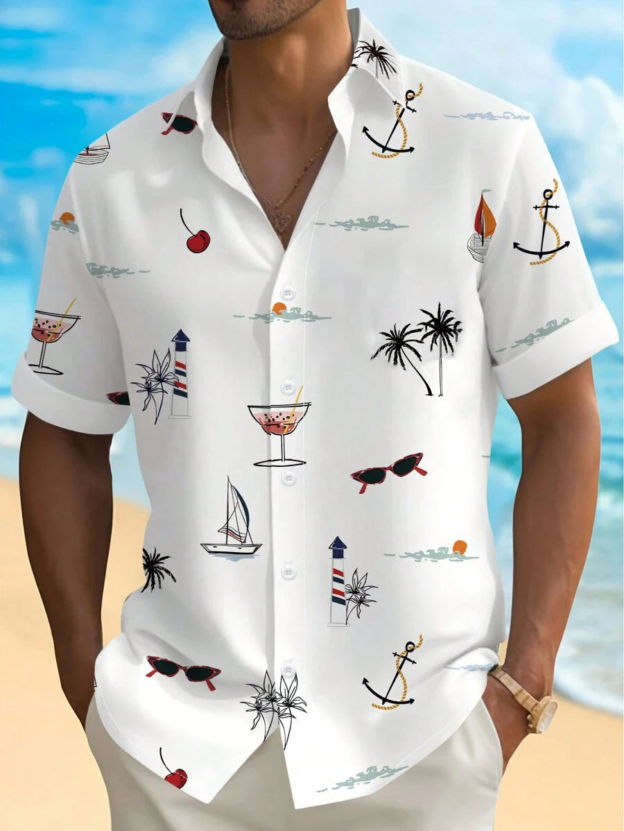 Men's Woven Fashion Casual Beach Surf Holiday Palm Tree Pattern Slim Fit Short Sleeve Shirt
