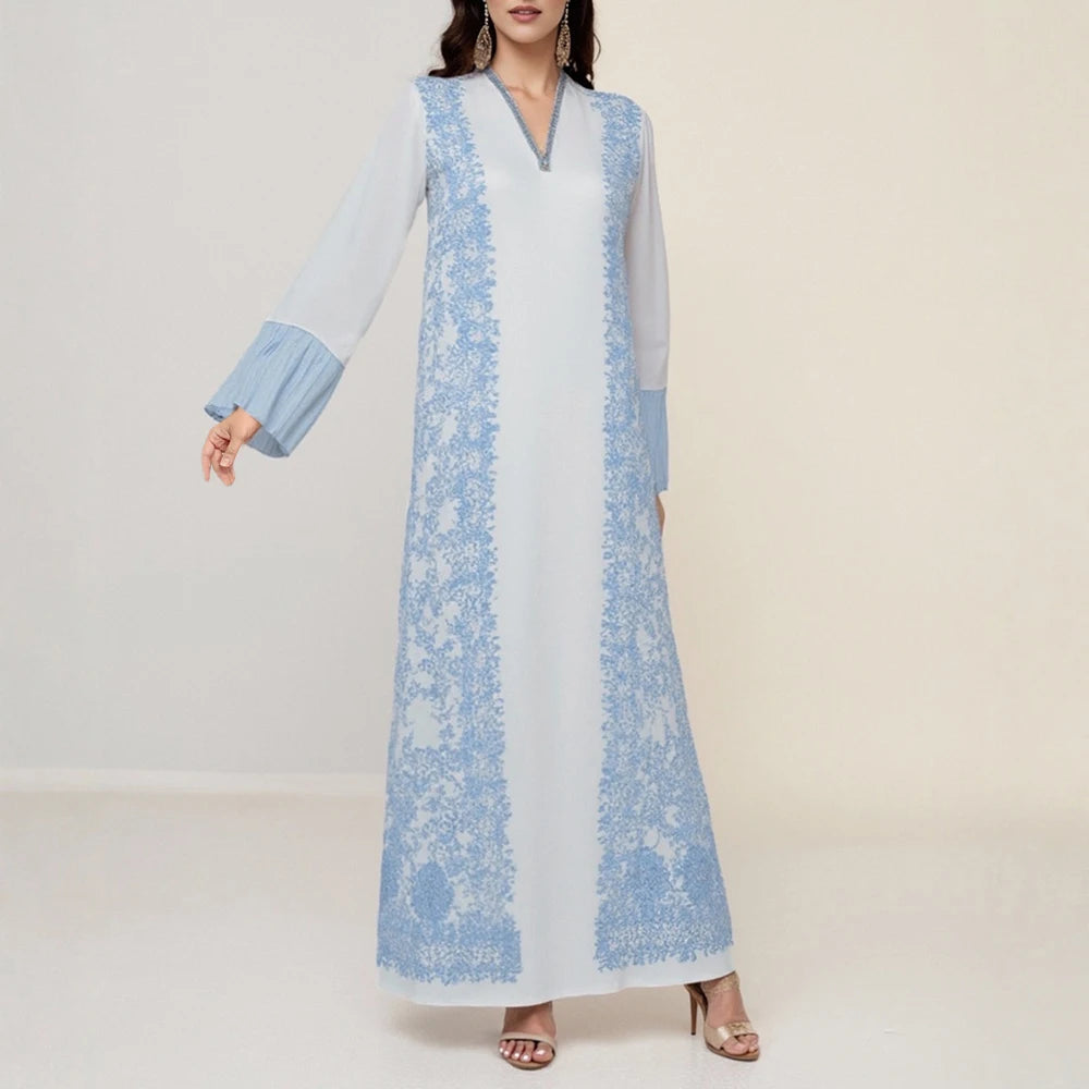 Rafiah Women's Arabian Dress Spring Summer Fashion Solid Color Patchwork Long Sleeve V-Neck Loose Arabian Dress For Women