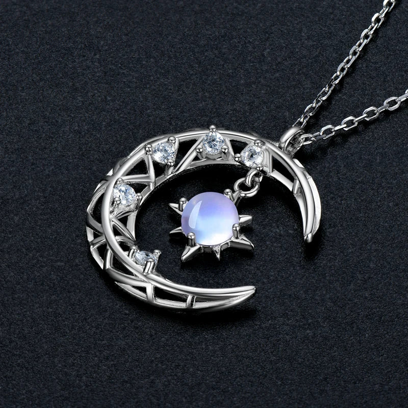 Lnngy Collier Argent 925 Sterling Silver Clavicle Necklace Round Moonstone Artificial Gemstone Pendant Necklaces For Women Gift