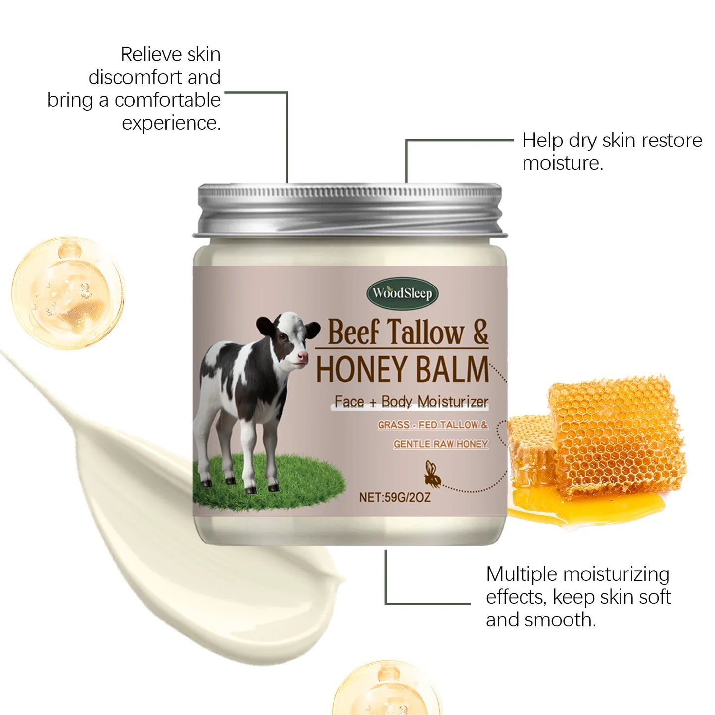 Organic Beef Tallow Honey Moisturizer Grass Fed Beef Tallow Face Cream Soothing Firm Increase Elasticity Whipped Smooth Lotion