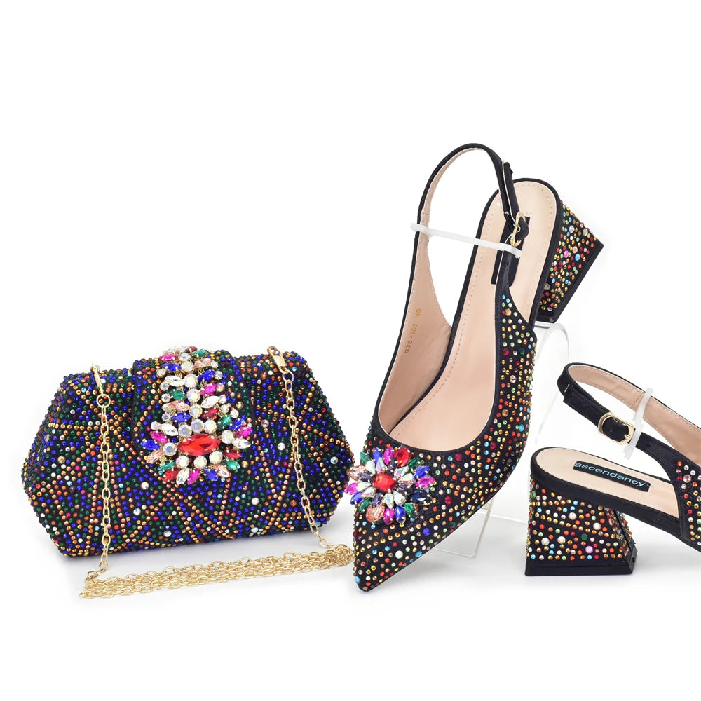 Elegant Baldauren Women’s Italian-Style Pointed Toe Slingback Pumps with Crystal Rhinestones & Matching Bag – African Party & Wedding Set (Sizes 37-43)
