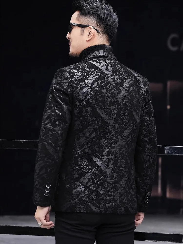 Business Men Work Slim Fit Real Sheepskin Genuine Leather Jacket Spring Autumn Floral Printed Single Breasted Blazer Suit Coat