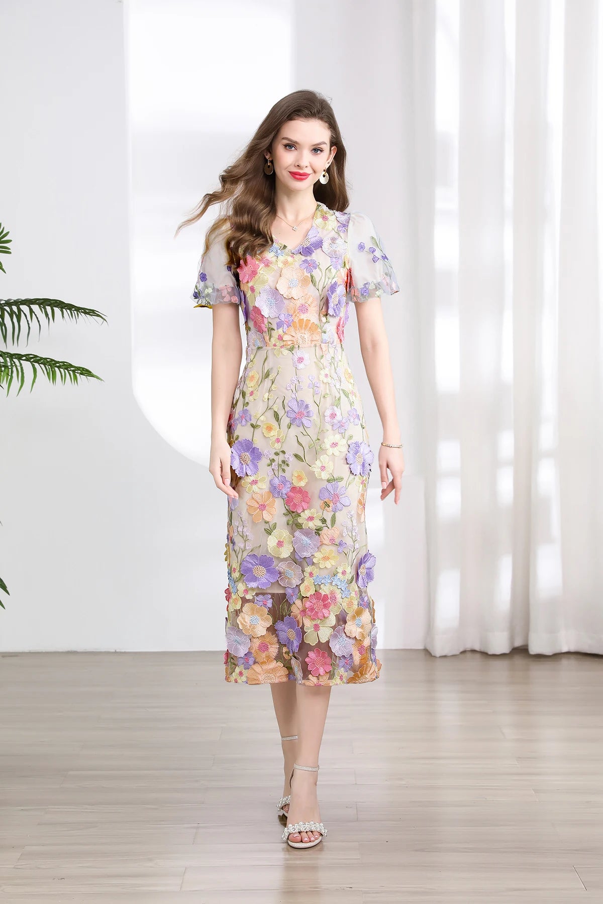 Summer High-end Embroidery Lace Prom Dress Women French Luxury 3D Flower Short Sleeve Long Dress Party Bodycon Holiday Vestido