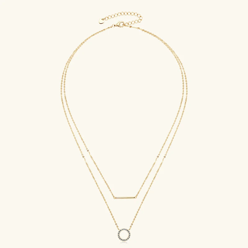 Lnngy Double Layer Chain Necklace For Women 925 Sterling Silver Moissanite Circel Pendant Necklaces Stud Earring Jewelry Set