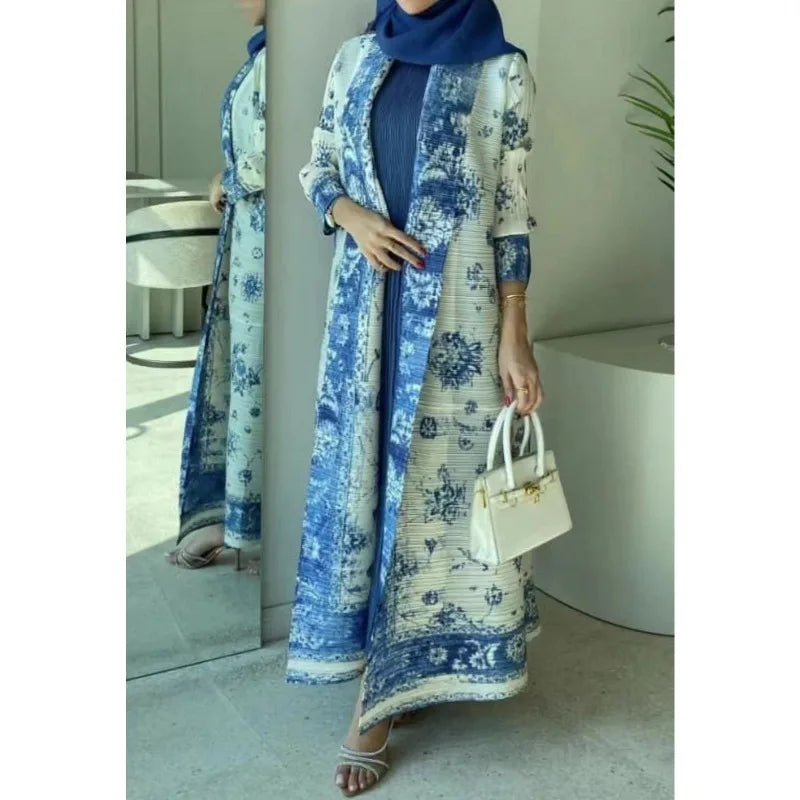 KAF Pleated Women Luxury Trench 2025 Spring Fall New Vintage Printed Cardigan Design Loose Large Size Arabian Female Abaya