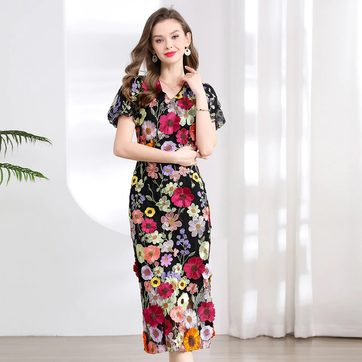 Summer High-end Embroidery Lace Prom Dress Women French Luxury 3D Flower Short Sleeve Long Dress Party Bodycon Holiday Vestido