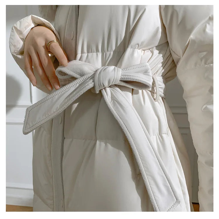 Women’s Luxury White Goose Down Coat – Hooded Long Jacket with Fox Fur Collar & Belt
