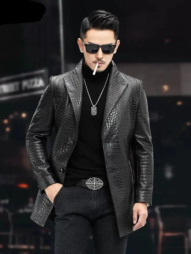 High Quality Luxury Genuine Leather Blazers Men Spring Slim Office Man Embossing Real Sheepskin Coat Suit Jacket Size Runs Small