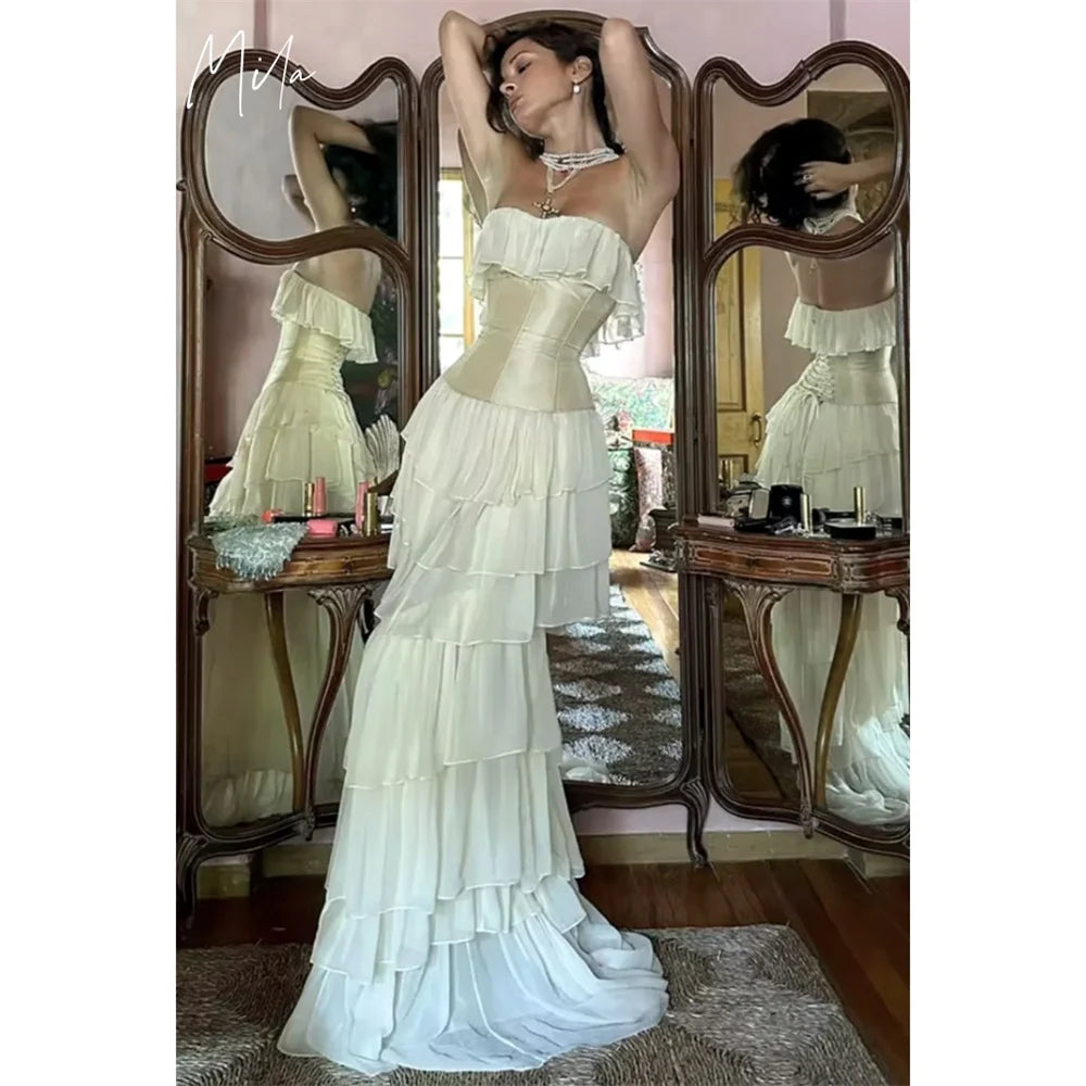 Mila Strapless Prom Dress Sleeveless Cascading Ruffles Customized Luxurious Women Evening Dresses Chiffon vestidos de fiesta