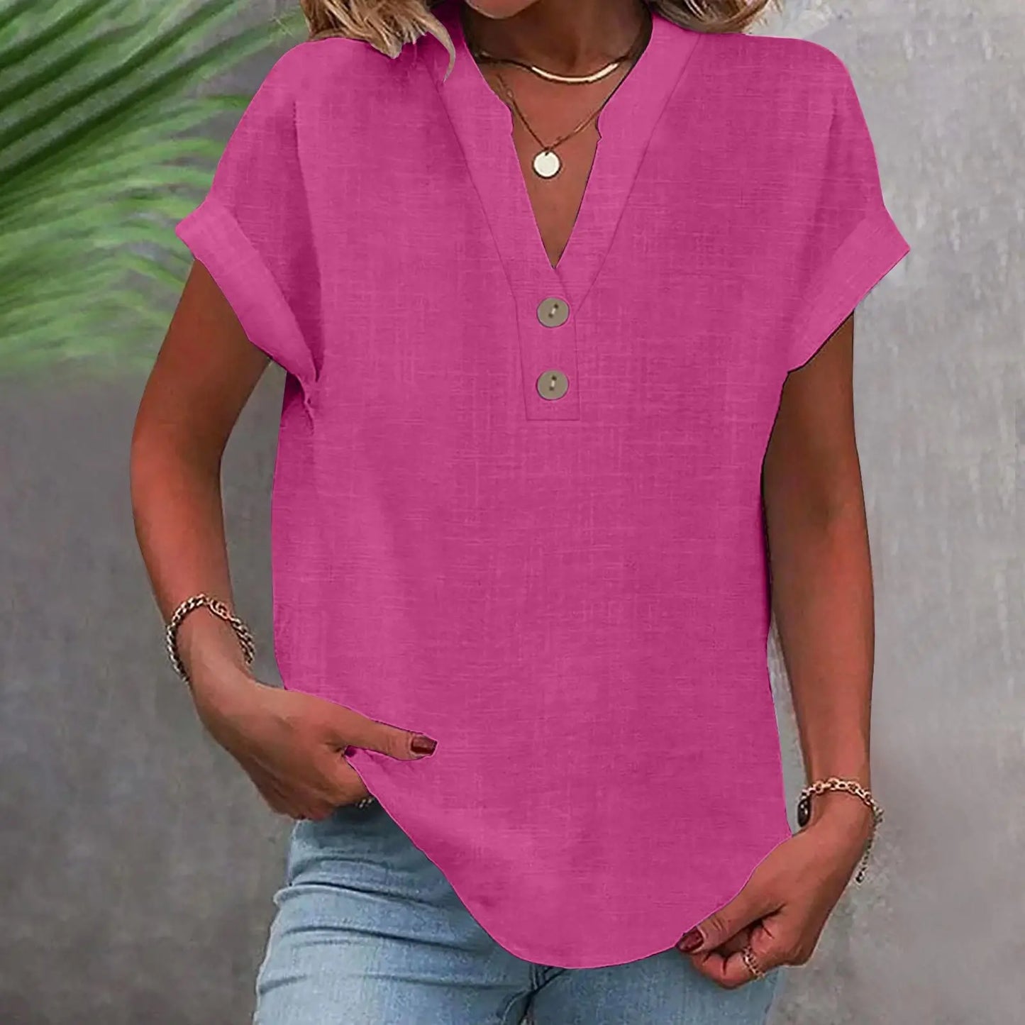 Cotton Linen Short Sleeved Breathable Shirt Summer Solid Color Fashion Stand Up Collar Button Down Women's Casual Office Shirt
