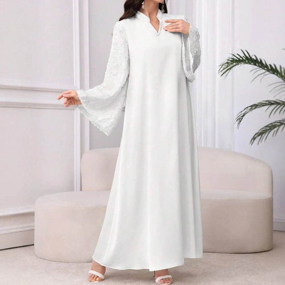 Rafiah Autumn Dresses 2025 Women's Simple Plain Long Sleeve V-Neck Loose Fit Dating Long Arabian Dresses