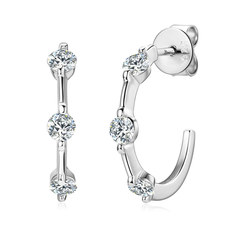 Lnngy Certified 3mm Moissanite Earrings for Women 925 Sterling Silver Unique C-shaped Stud Earring Classic Fine Jewelry Gifts