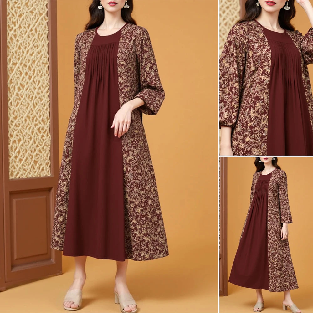 Rafiah Summer Arabian Dress 2025 Classic Patchwork Graphic Printing Long Sleeve Crew Neck Midi A-Line Long Dress For Women