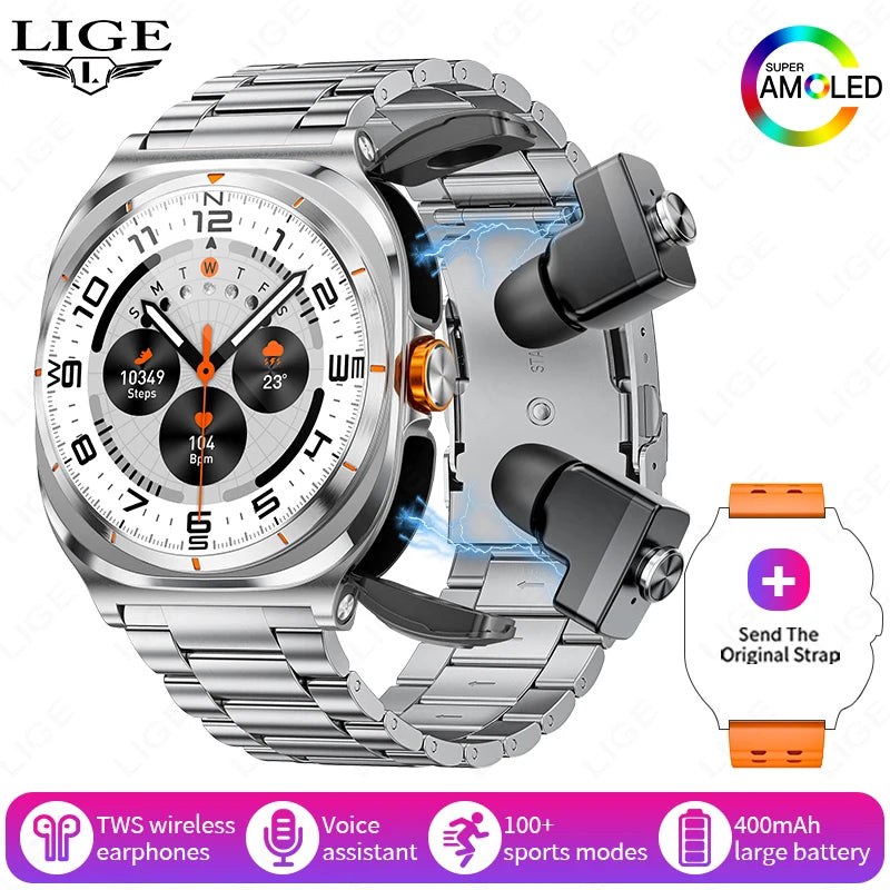 LIGE New Smart Watch With 2 in 1 TWS Wireless Headset Bluetooth Call 1.53" AMOLED Screen 400mAh IP67 Waterproof Sport Smartwatch