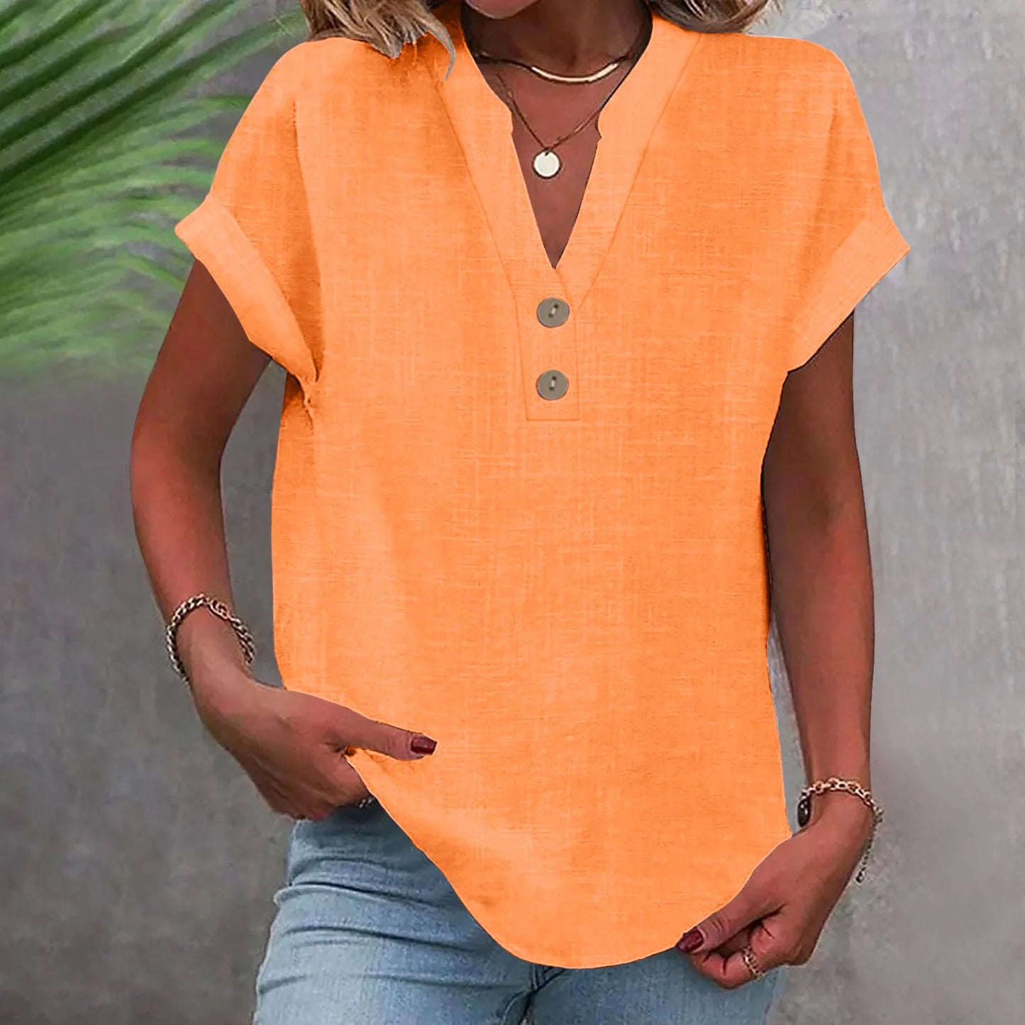 Cotton Linen Short Sleeved Breathable Shirt Summer Solid Color Fashion Stand Up Collar Button Down Women's Casual Office Shirt