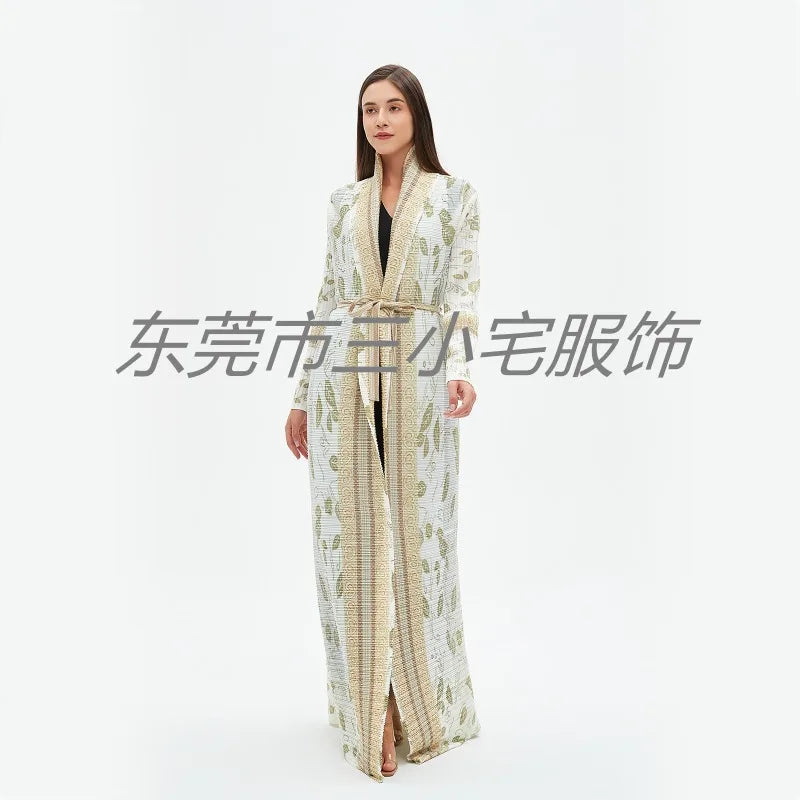 KAF Pleated Women Loose Plus Size Trench Coat 2024 Autumn New Vintage Printed Cardigan Design Arab Female Luxury Abaya