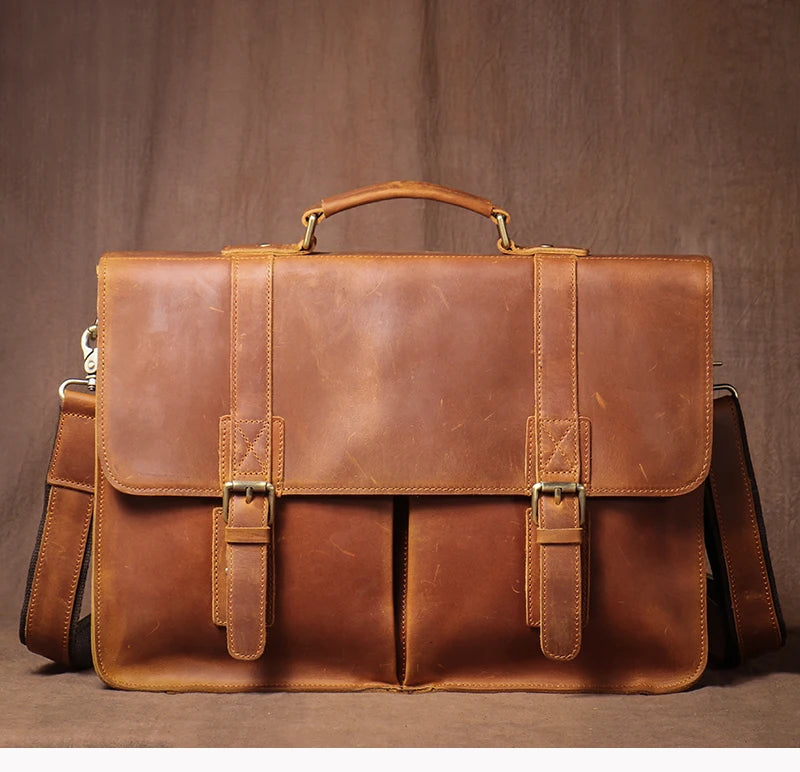 LUOKIR Vintage Crazy Horse Briefcase Travel Genuine Leather Handbag Luxury Men's Messenger Computer Shoulder Bag 14 Inch Laptop