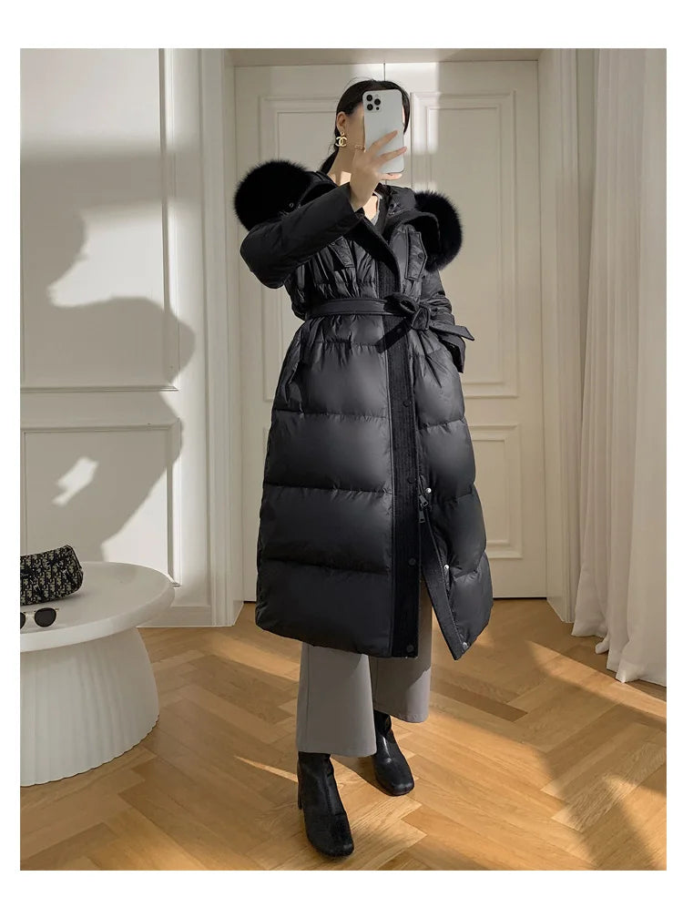 Women’s Luxury White Goose Down Coat – Hooded Long Jacket with Fox Fur Collar & Belt