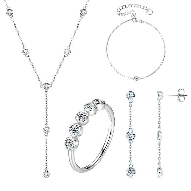RAPRGOLD Moissanite Necklace Earrings Bracelet Ring Fine Jewelry Set for Women S925 Sterling Silver Round Pendant Chains Gifts
