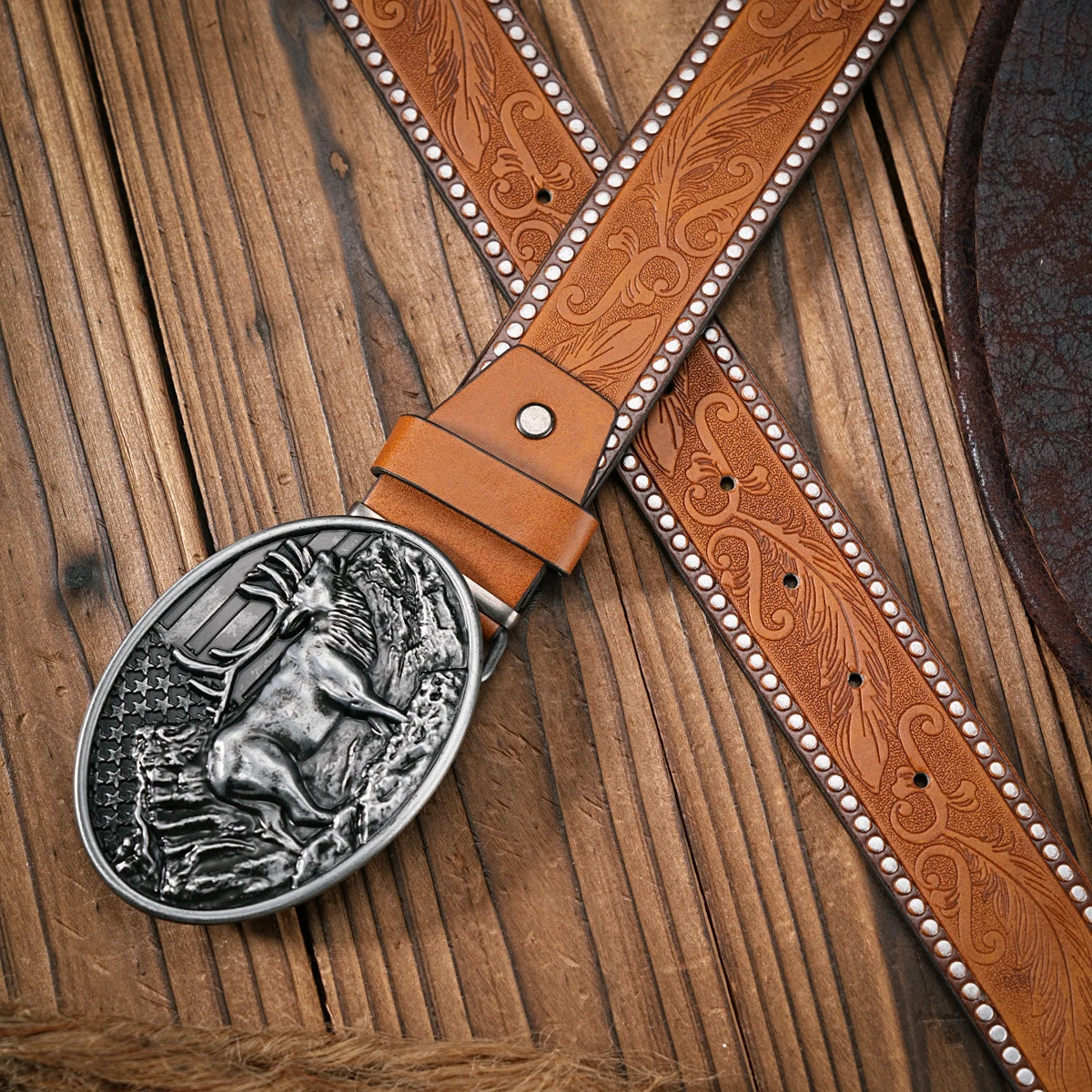 Men - Women - Western Denim - pu leather - Belt - Vintage jeans with carved buckle belt