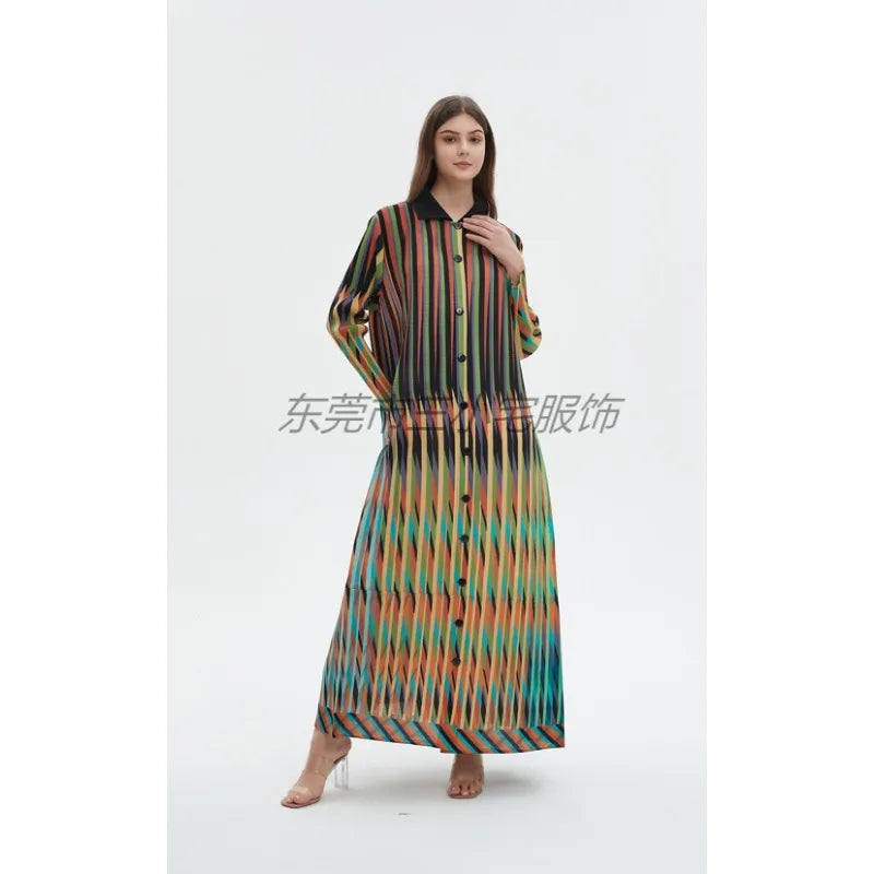 KAF Pleated Women Large Size Trench Coat 2024 Spring and Autumn New Vintage Printed Design Female Robe Arab Luxury Abaya