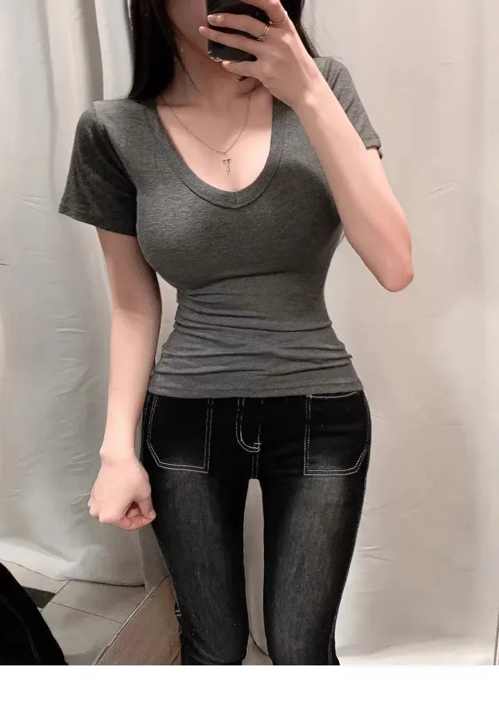 Faionable V-ne Tight-fit ort-sved T-irt Women's Inner Wear Body-a Tool Dongda Gate Modal Knitted Top