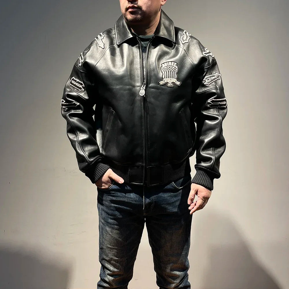 AVIREX Genuine French Lamb Leather Jacket Men's US Size Flight Suit Sports Casual Coat Tops