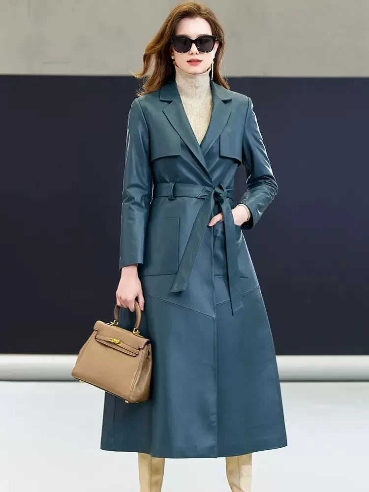 Real Fox Fur Collar Elegant Women Long Trench Coat Belted Slim Fit Winter Warm Sheepskin Down Coat Ladies Genuine Leather Jacket