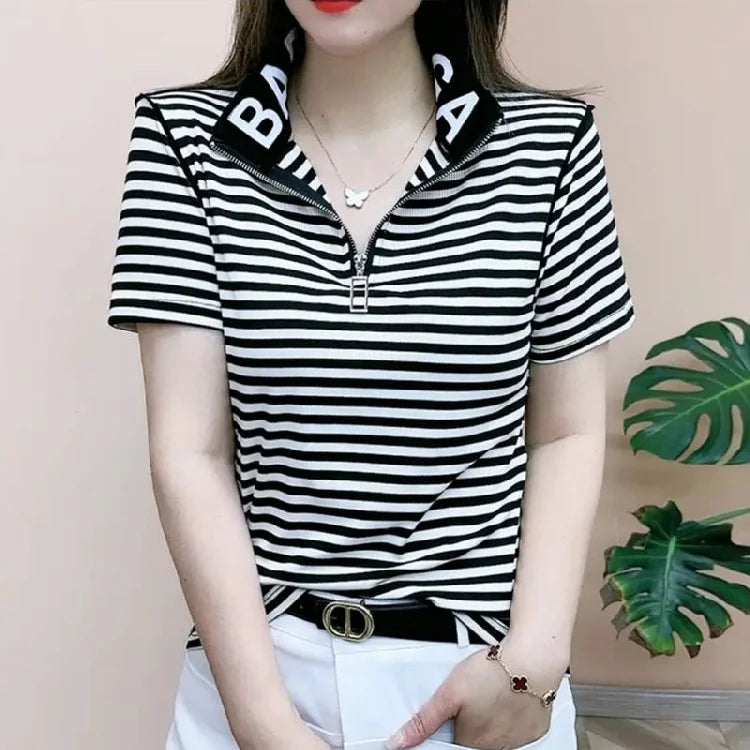 ort Sve T-irt Women's Summer New Faion irt Zipper Collar Mom's Clothes Anti-Aging Base Layer Top Polyester Fiber